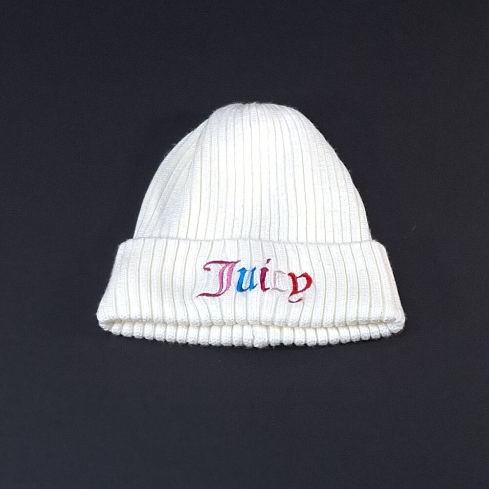 Juicy Couture Cream Ribbed Knit Beanie Hat Multicolor Embroidered Logo Y2K